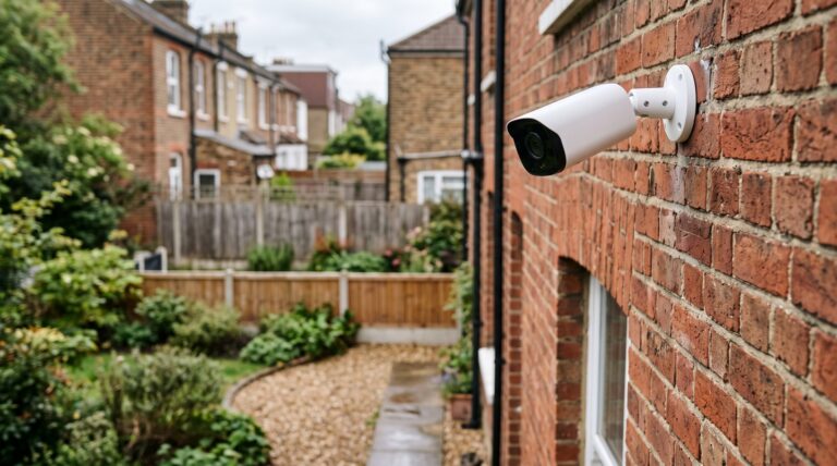White CCTV camera mounted on the red brick side wall of a UK house, looking toward a gravel path and garden fence