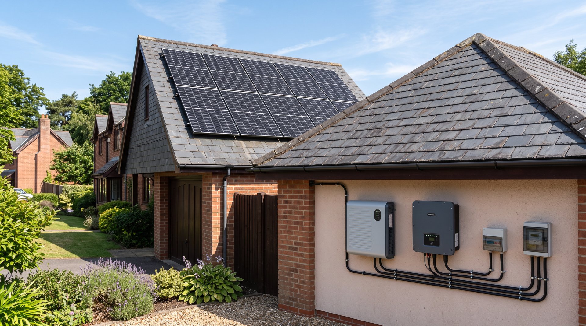 Solar panels on a UK house roof with a home battery, inverter and meters mounted on the garage wall below